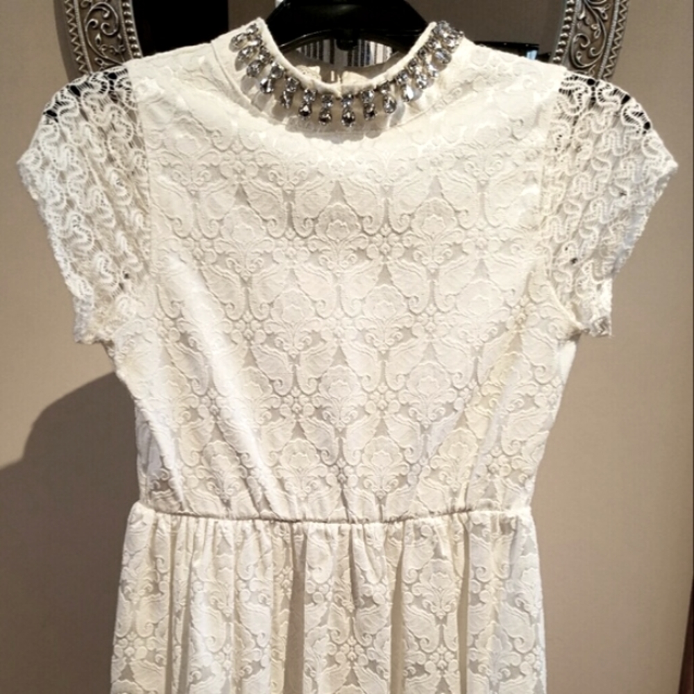 Stone Flower Junior Miss Rhinestone Embellished Eyelet White Midi Dress